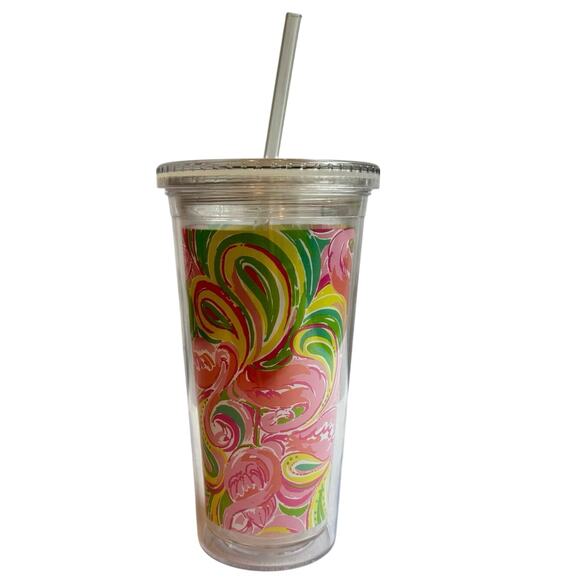 Lilly Pulitzer Acrylic Cold Drink Tumbler & Straw Pink Flamingo Preppy Coastal - Picture 4 of 7